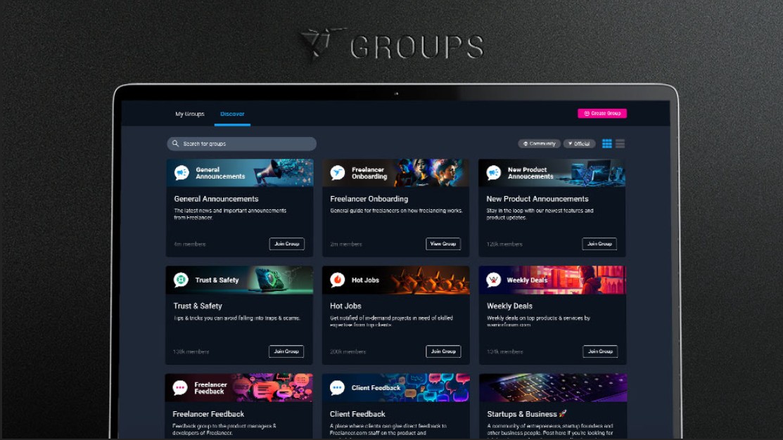 Freelancer Groups discover screen on a laptop