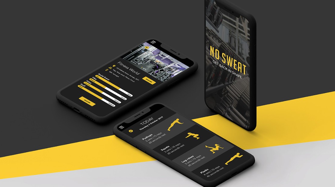 No Sweat fitness app screens on three phones