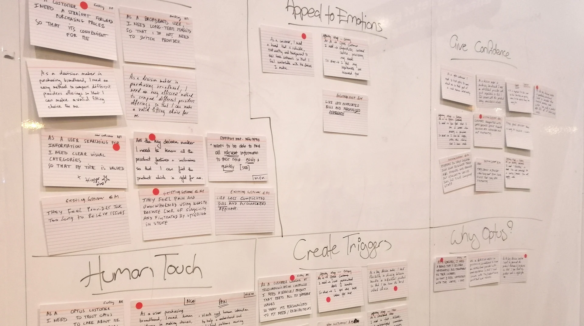 Whiteboard of user story cards grouped under themes: appeal to emotions, give confidence, human touch, create triggers and why Optus