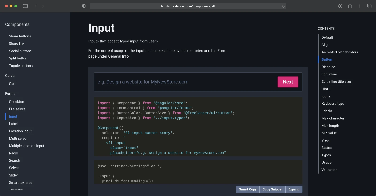 The Bits Input component page in dark mode, with a live example and code snippet