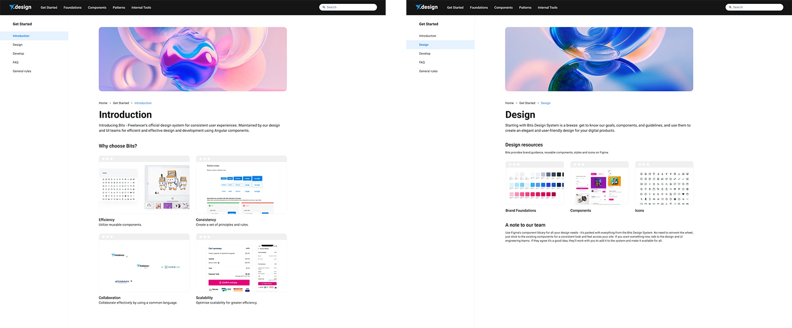 Two Bits documentation pages: an introduction explaining why to choose Bits, and a design page linking to Figma resources