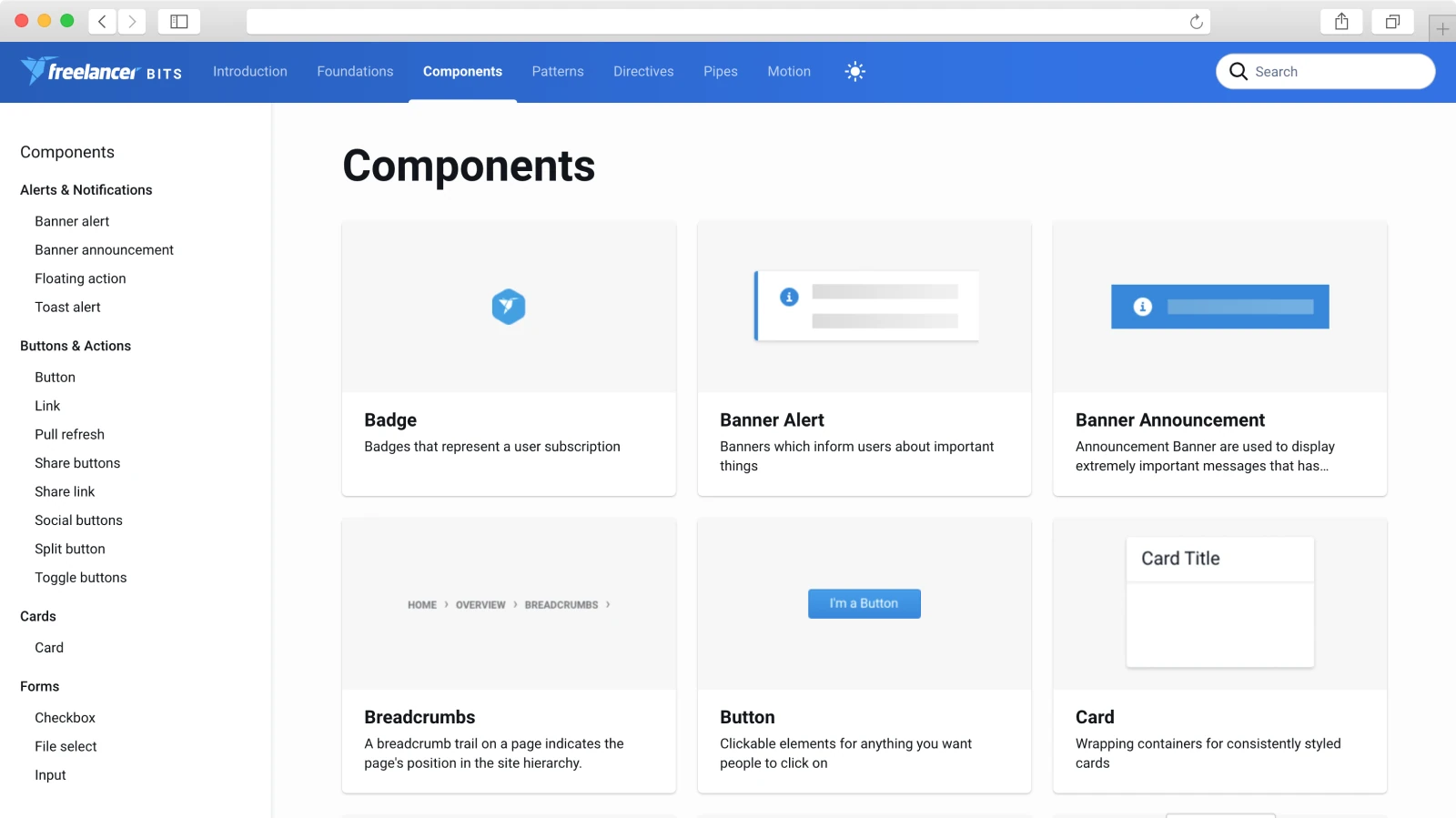 Bits component library page listing badges, banner alerts, breadcrumbs, buttons and cards
