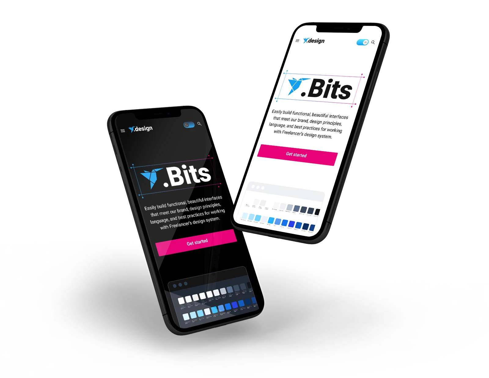 The Bits website on two phones, one in dark mode and one in light mode
