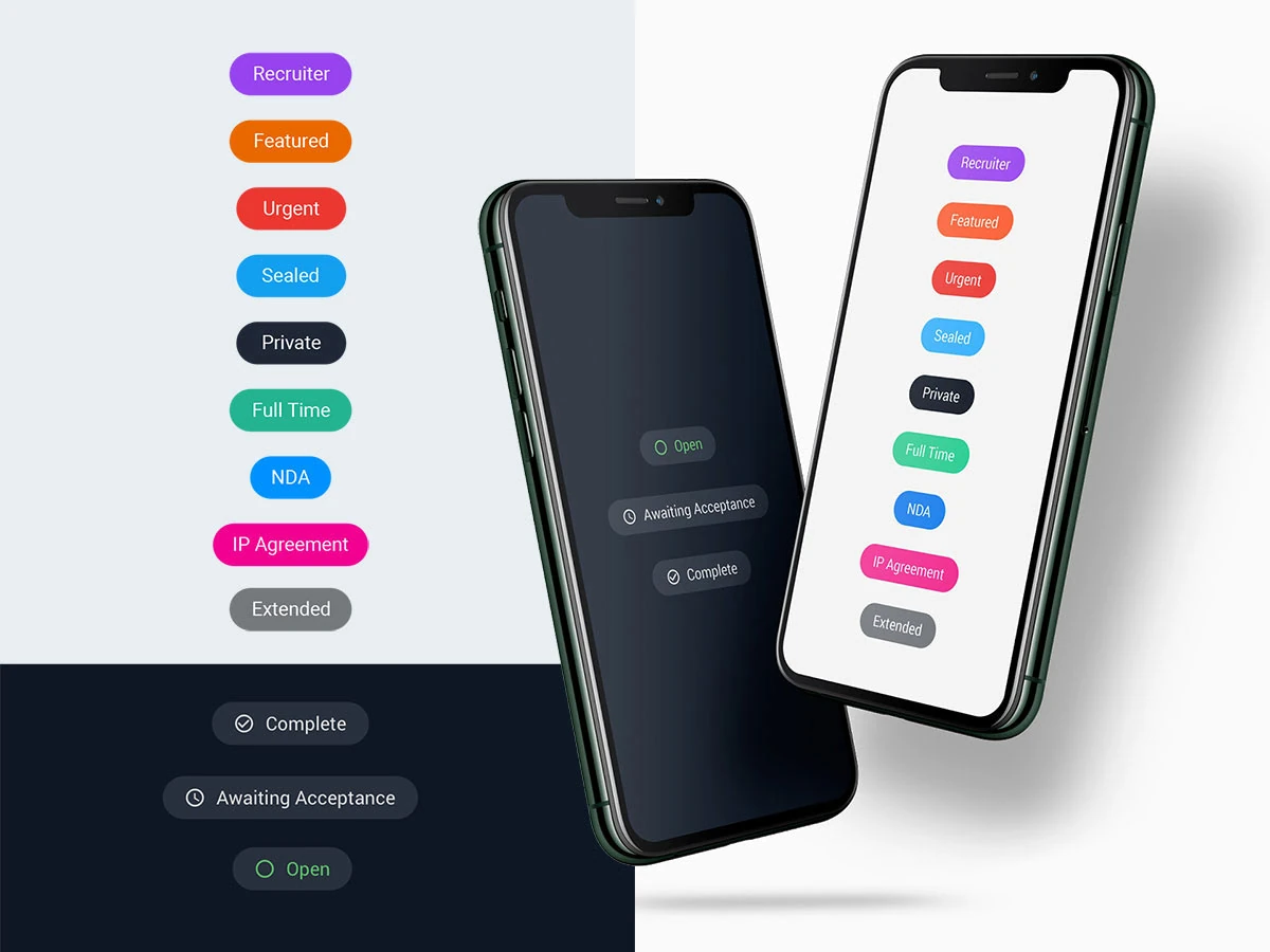 Status and label badges shown in light and dark themes on two phones