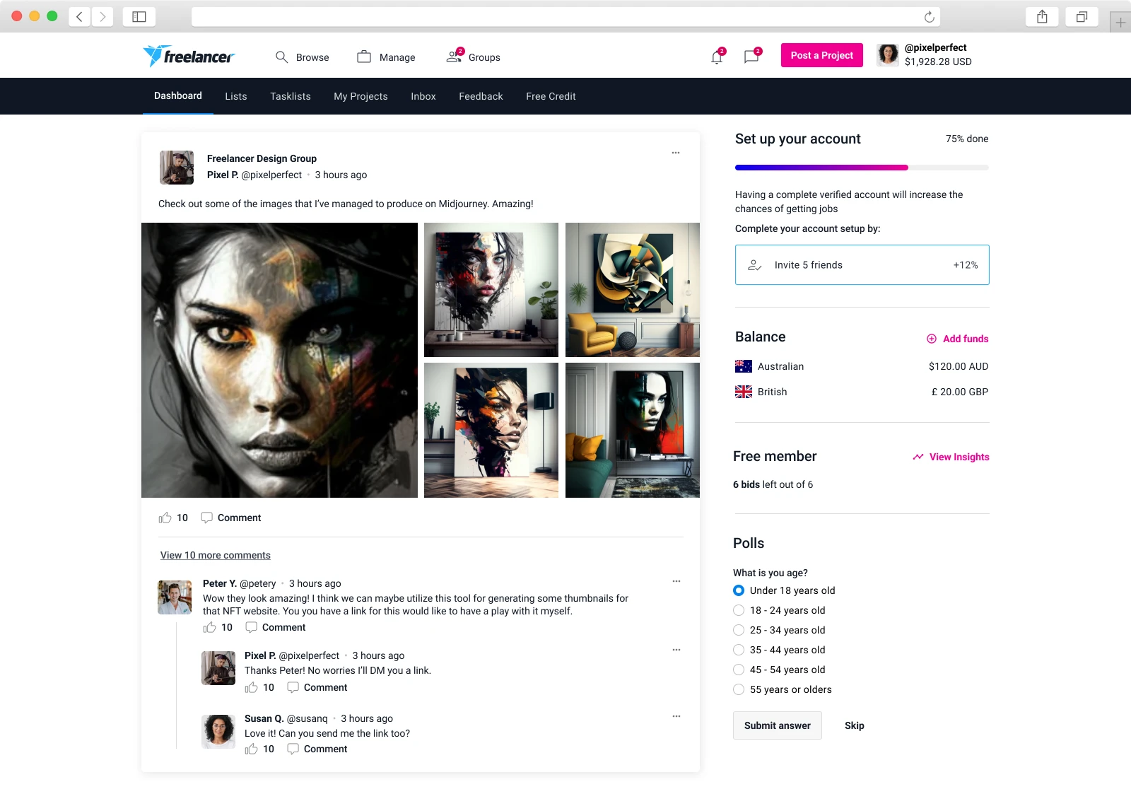 The Freelancer.com dashboard built with Bits components: a group post with an image gallery and threaded comments, plus account setup, balance and poll widgets