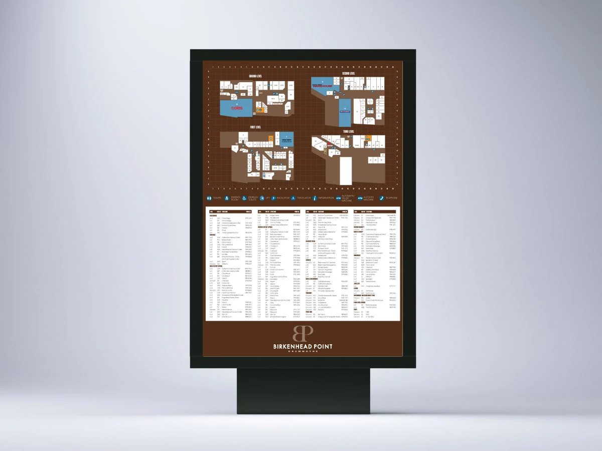 Freestanding wayfinding sign with the centre map across four levels and a store directory