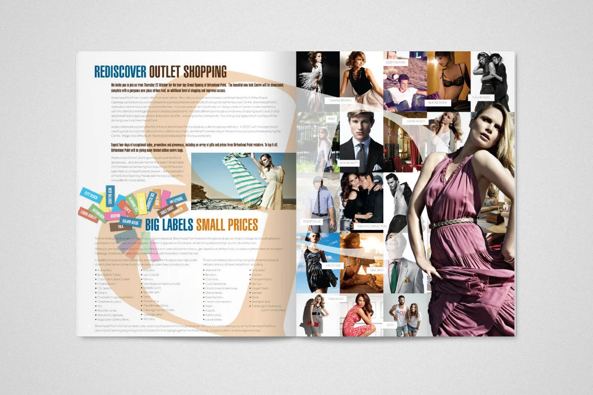 Double page magazine spread: rediscover outlet shopping, big labels small prices, beside a collage of fashion brands