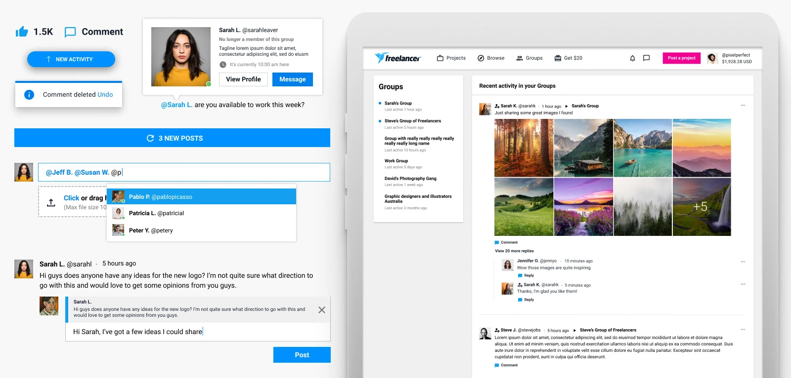 Reusable Groups components: reactions, new activity alerts, user tagging, profile hover card, file upload, threaded replies and the activity feed