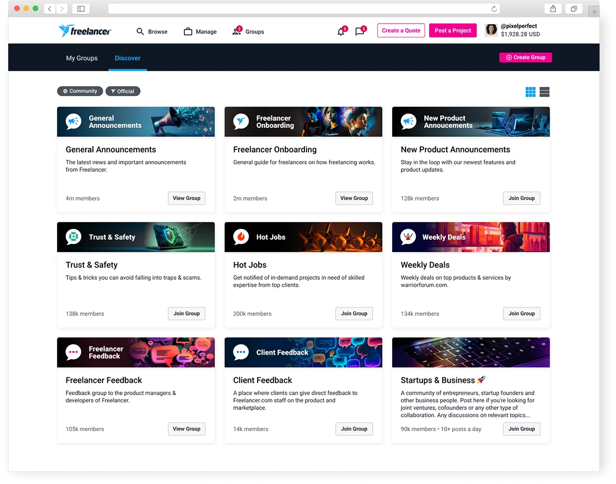 Groups discovery screen showing a grid of joinable community groups