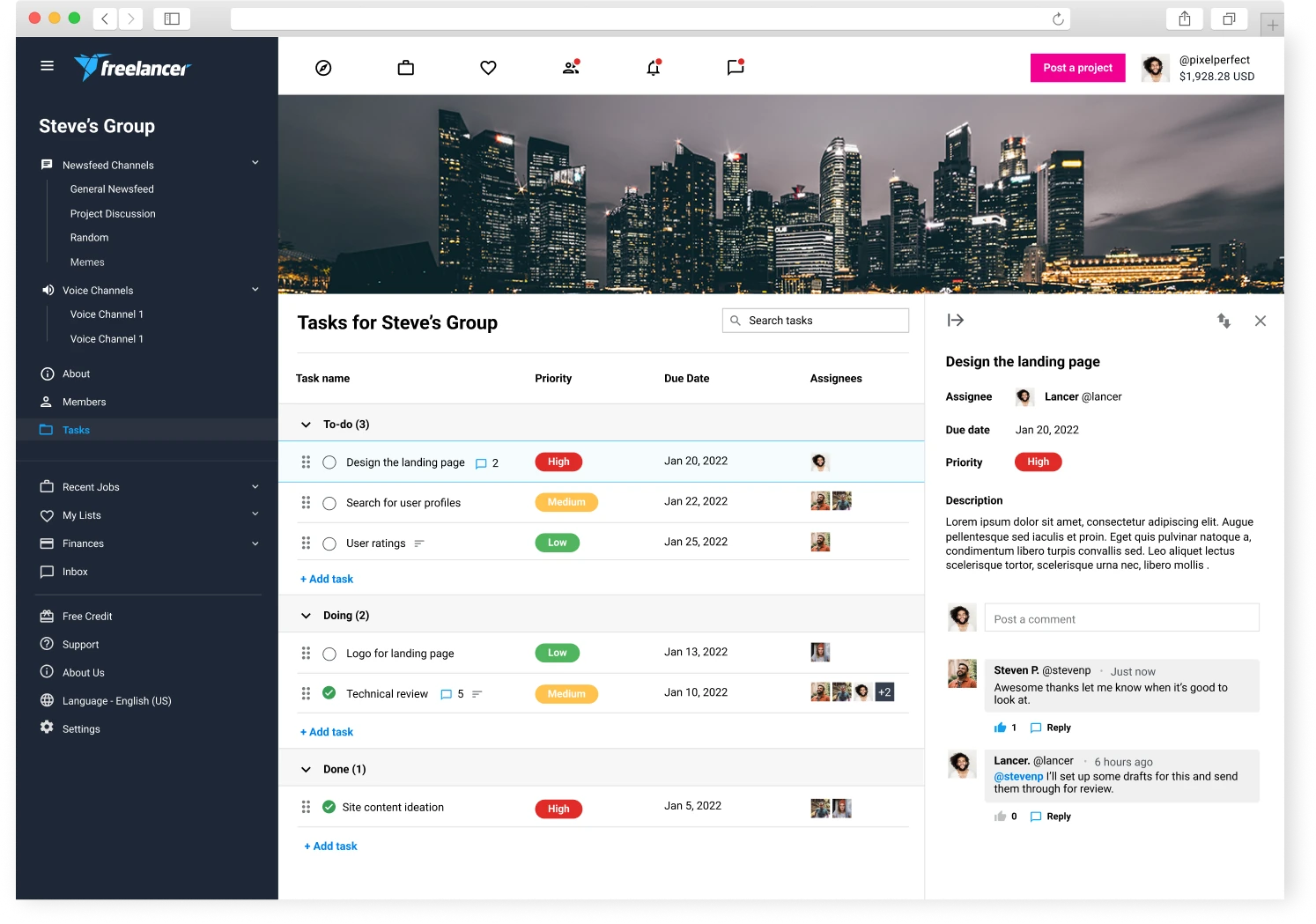 Future concept of a group page combining newsfeed channels, voice channels and a task board with task details and comments