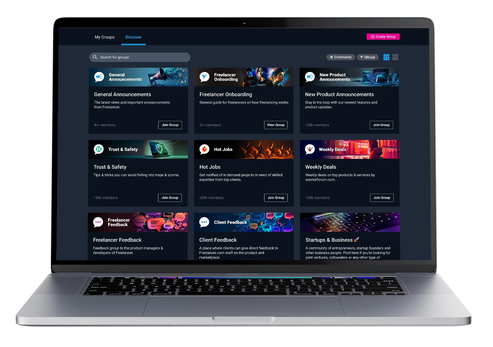 Freelancer Groups discover screen on a laptop