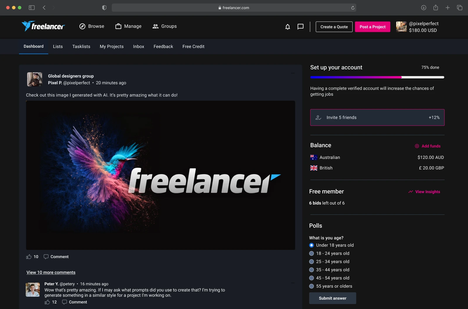 Freelancer dashboard with a Groups feed post, comments and account widgets
