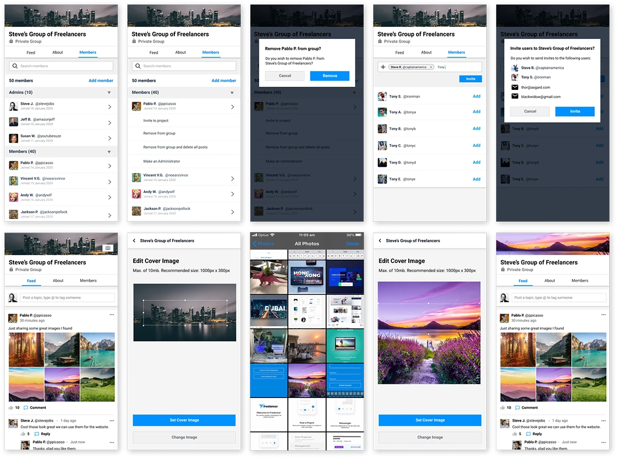 Ten mobile screens showing group member management, inviting users and editing the cover image