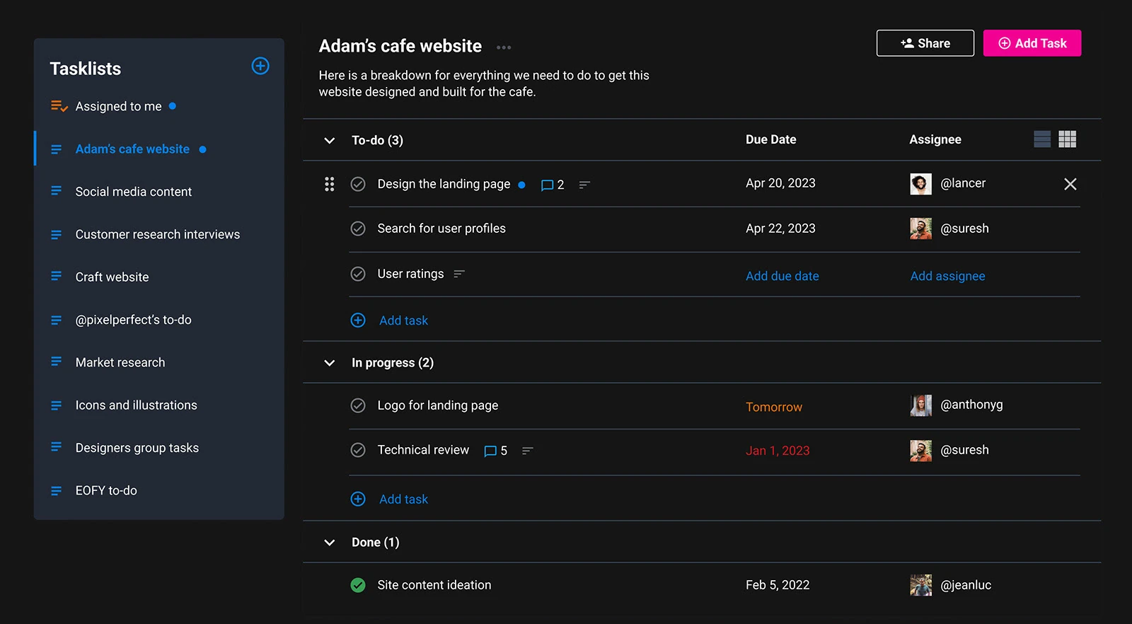 Tasklists screen with to-do, in progress and done tasks, due dates and assignees