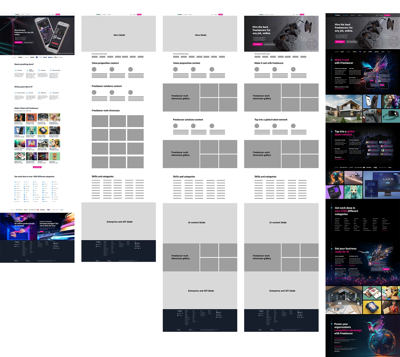 The previous homepage beside three wireframe iterations of the new page structure, ending in the final dark design