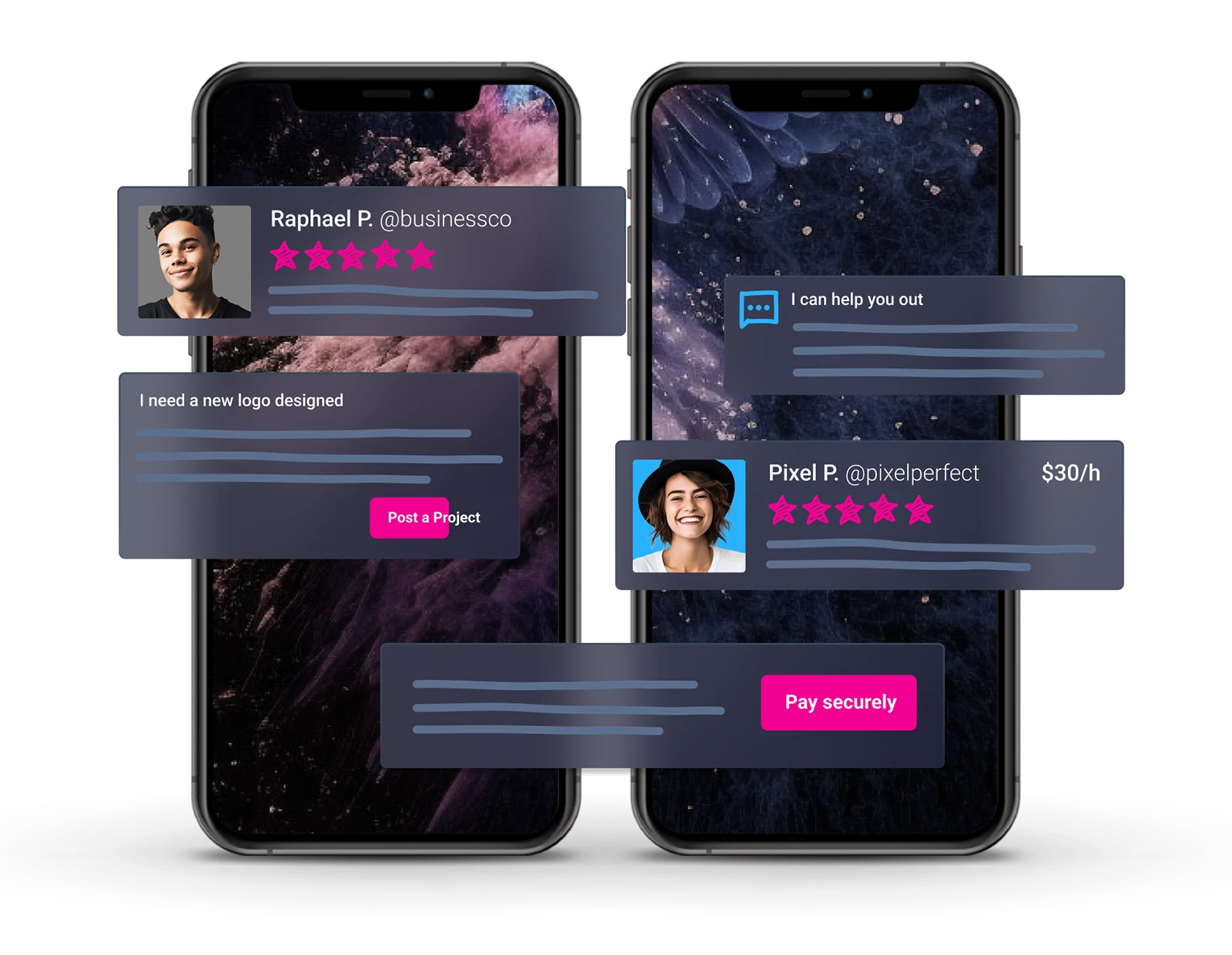 Two phones with floating UI cards: freelancer profiles, a project post and a pay securely prompt