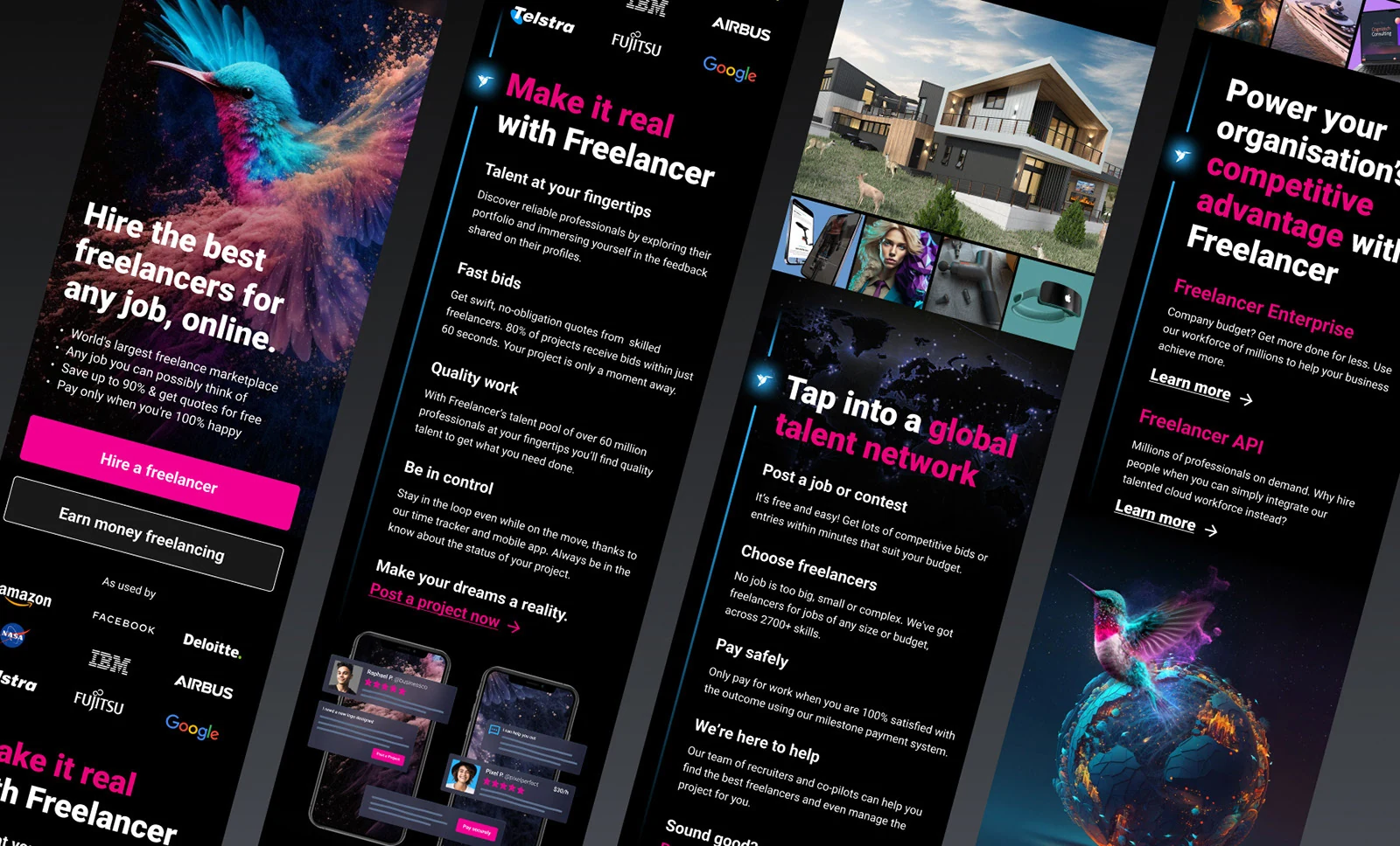 Four mobile screens of the responsive homepage