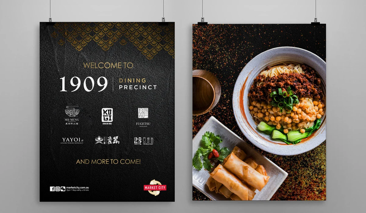 Two hanging posters: a welcome poster with restaurant logos, and a food photography poster
