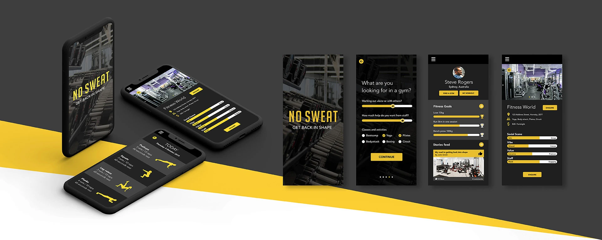 High fidelity No Sweat screens shown on angled phones and as flat screens: welcome, gym preferences, Steve's dashboard, a gym profile and today's workout