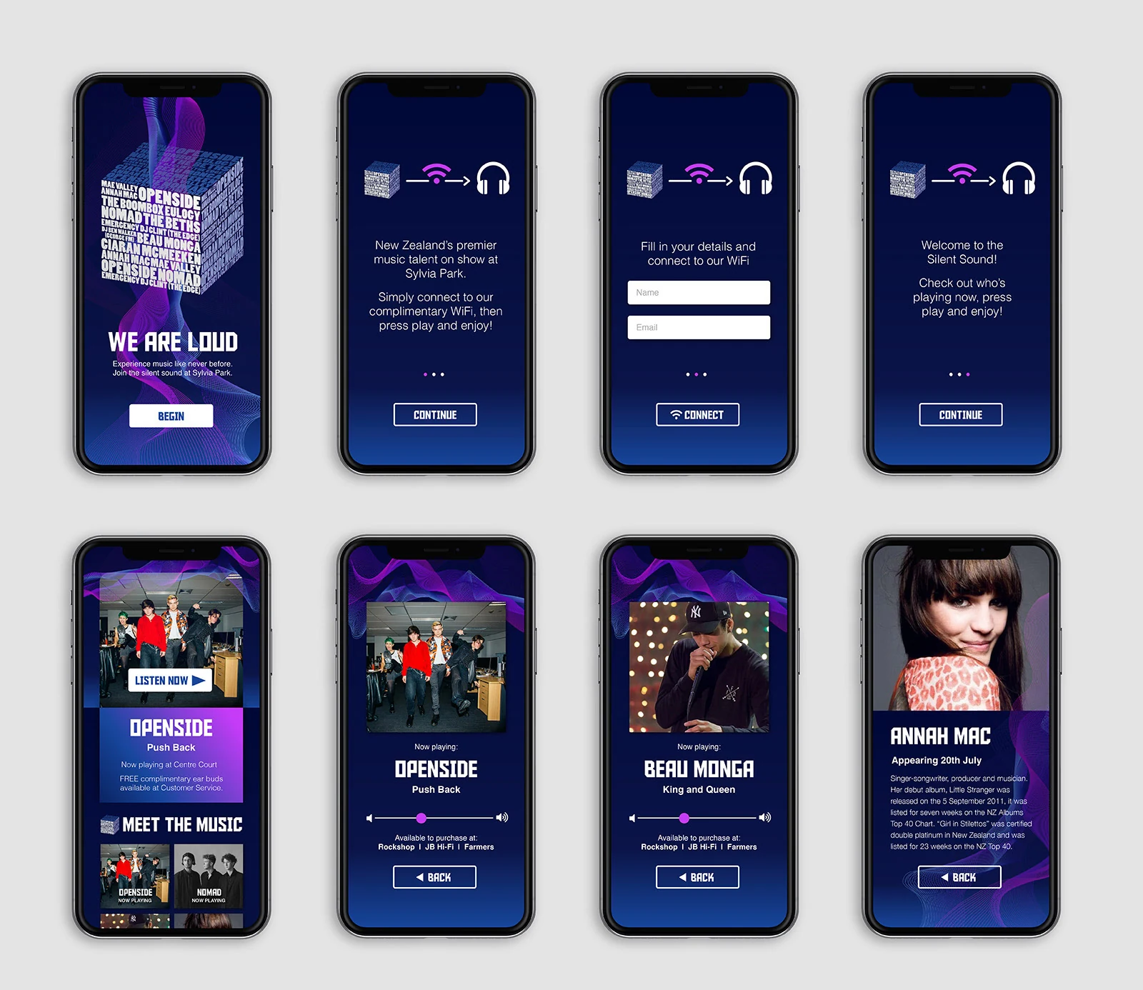 Eight Silent Sound app screens: welcome, connecting to WiFi, the line-up, now playing and an artist profile