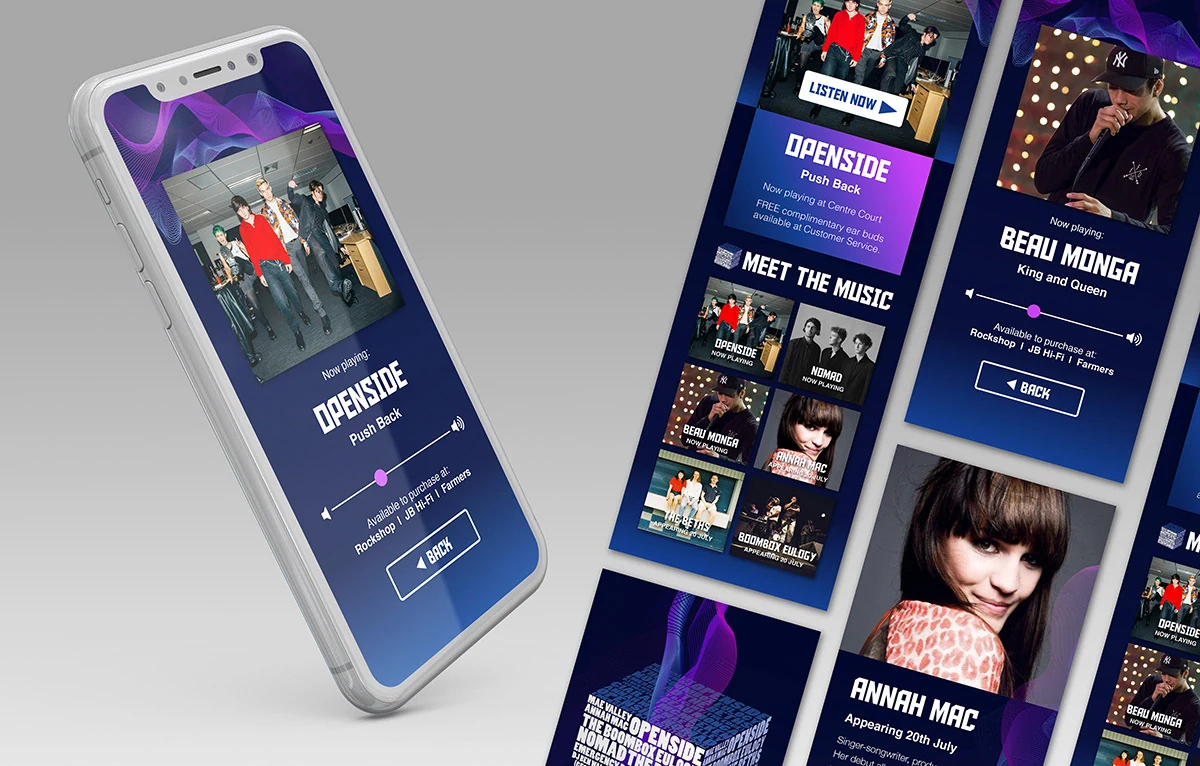 Silent Sound app screens: now playing, meet the music line-up and artist profiles