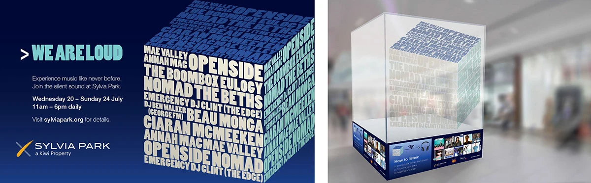 We Are Loud poster with a typographic cube of artist names, beside the glass performance booth in the shopping centre