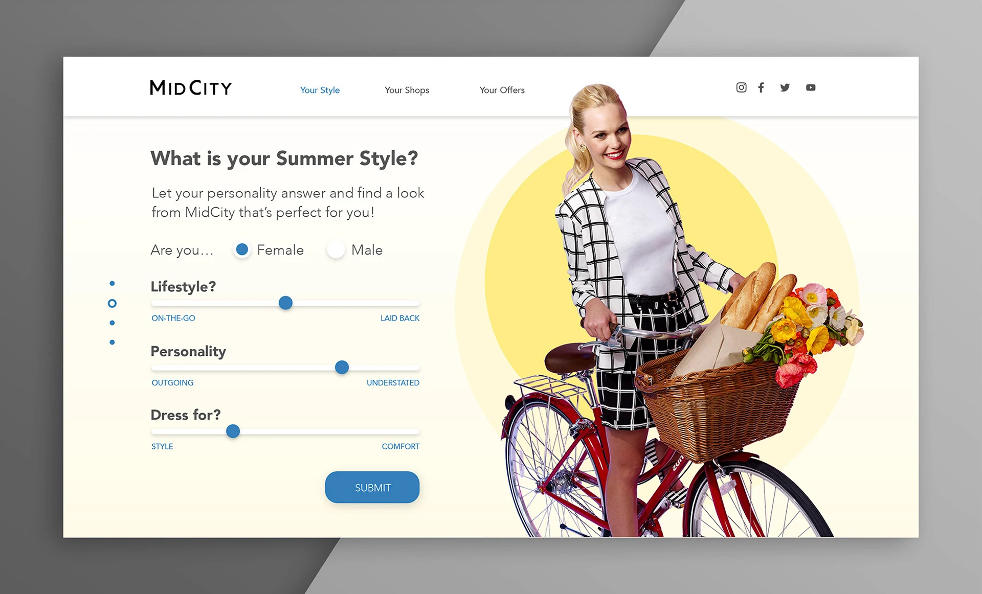Microsite screen asking what is your summer style, with lifestyle, personality and dress sliders