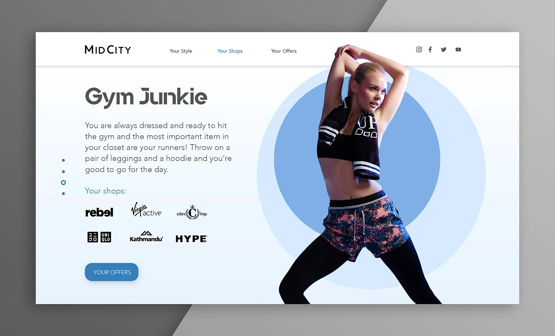 Microsite result screen for the Gym Junkie archetype with suggested shops
