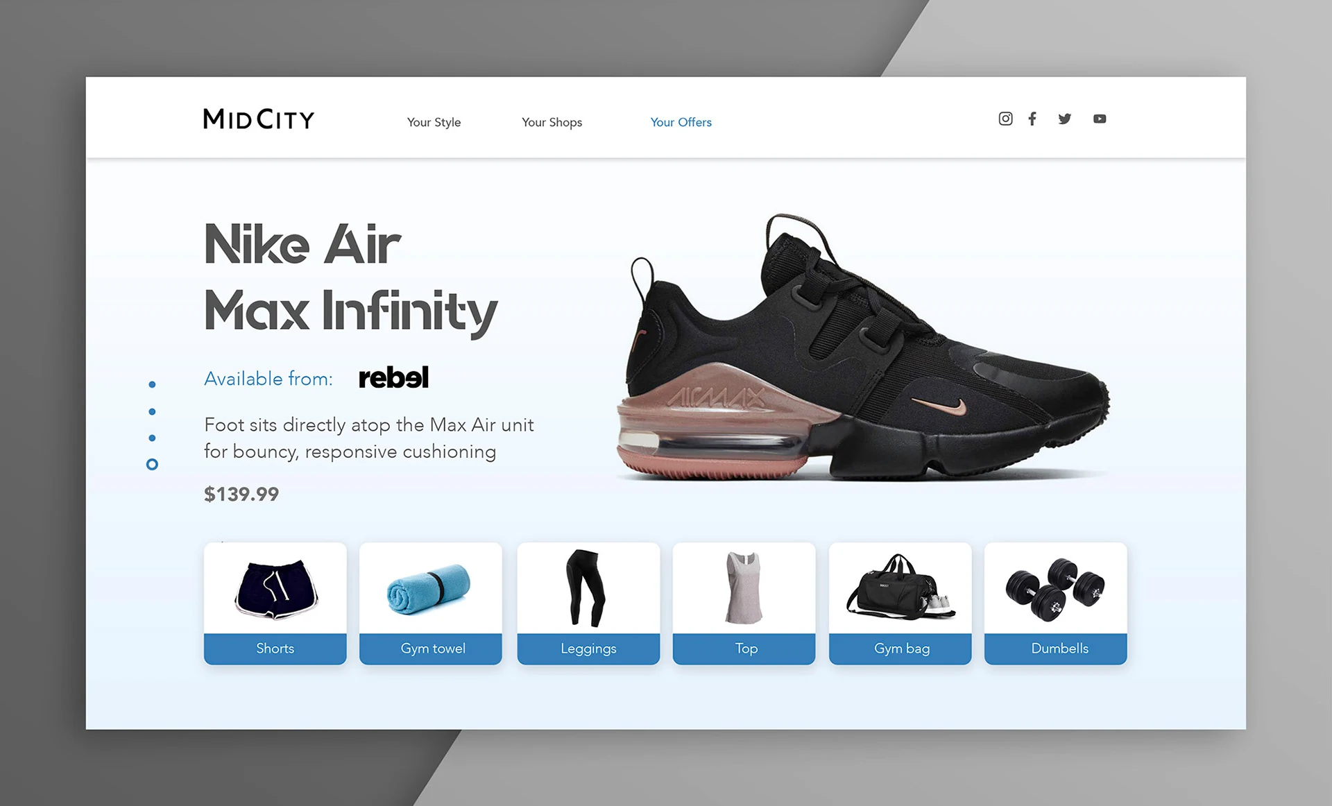 Microsite offer screen featuring a sneaker available from a centre retailer, with related items