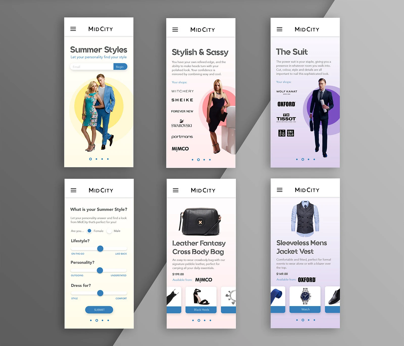 Six mobile microsite screens: the welcome screen, two archetype results, the style quiz and two product offers